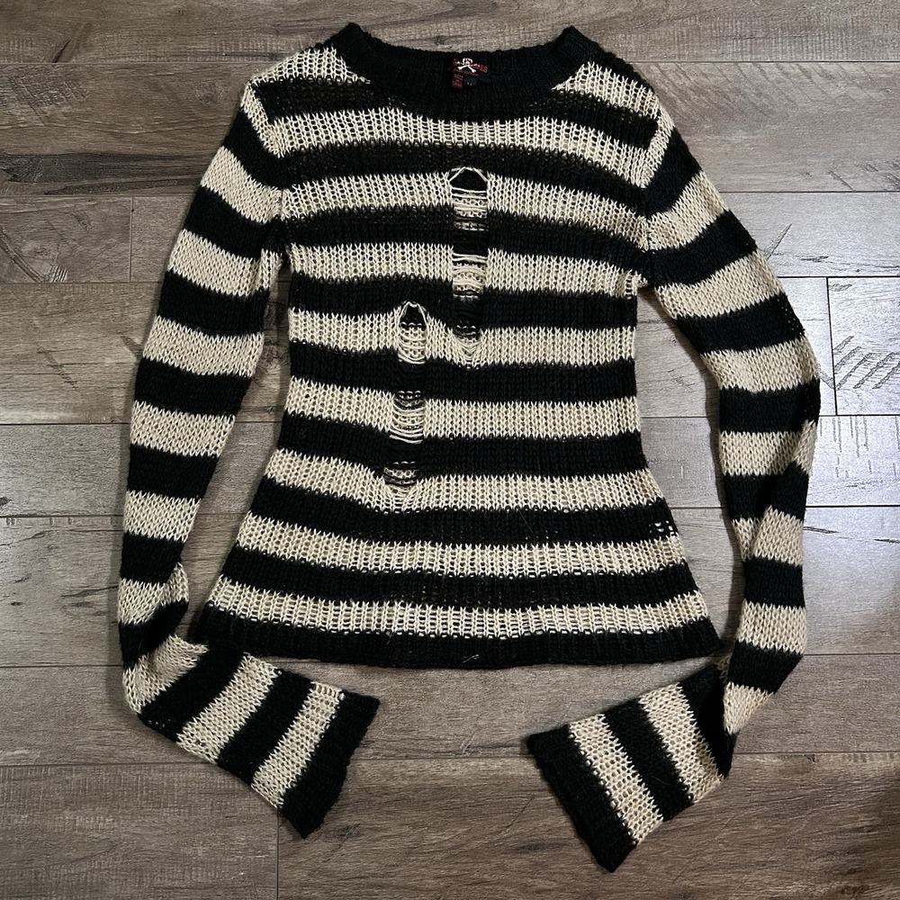 Royal Bones Tripp NYC Black/Ivory Distressed Grunge Long Sleeve Sweater Sz M